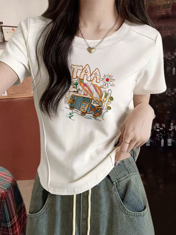 Ženski T-shirt u korejskom stilu, plus veličine, kratkih rukava, uski kroj, okrugli izrez, cropped dizajn s ribljom kostom, ljeto 2026