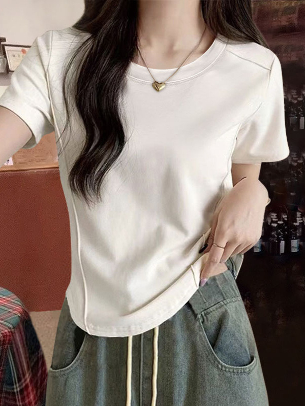 Ženski T-shirt u korejskom stilu, plus veličine, kratkih rukava, uski kroj, okrugli izrez, cropped dizajn s ribljom kostom, ljeto 2026
