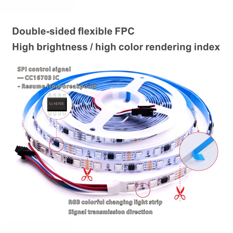 4‑žična RGB LED traka, 12V niske napetosti, modeli 16703/1934/2818, promjenjiva boja za ambijent i dekorativno osvjetljenje, duljina 5 m