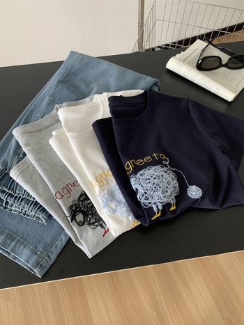 Ženski pamučni T‑shirt s vezom ovčice, karikativni motiv, opuštena silueta, kratki rukavi, okrugli izrez, ljeto, korejski retro stil