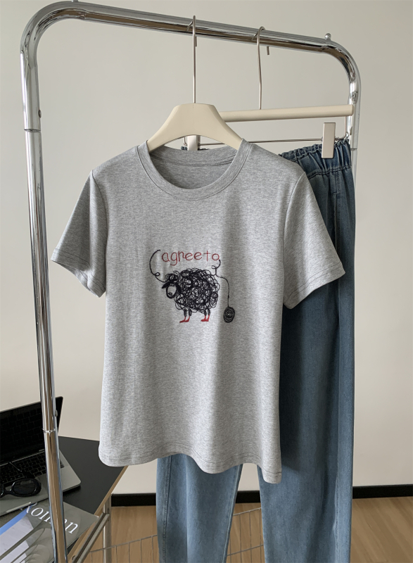 Ženski pamučni T‑shirt s vezom ovčice, karikativni motiv, opuštena silueta, kratki rukavi, okrugli izrez, ljeto, korejski retro stil