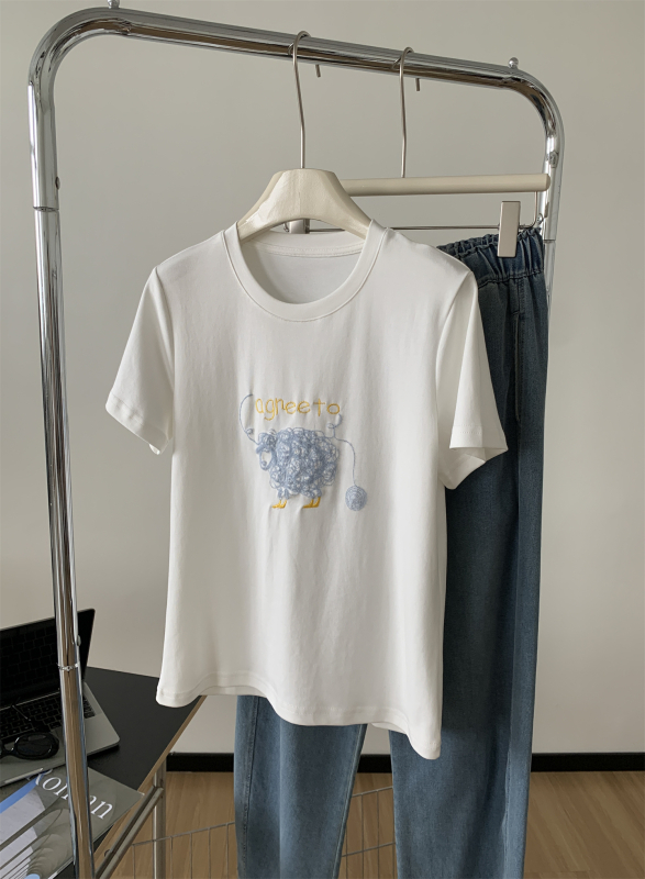 Ženski pamučni T‑shirt s vezom ovčice, karikativni motiv, opuštena silueta, kratki rukavi, okrugli izrez, ljeto, korejski retro stil