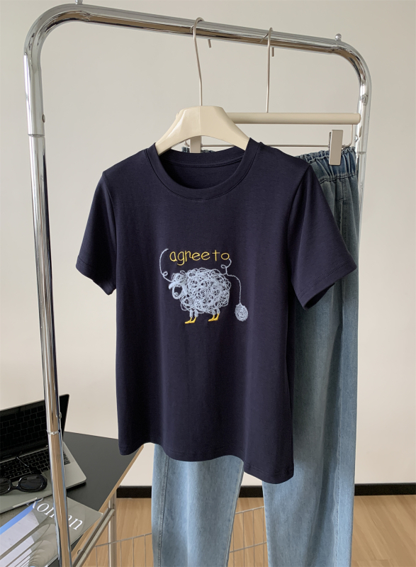 Ženski pamučni T‑shirt s vezom ovčice, karikativni motiv, opuštena silueta, kratki rukavi, okrugli izrez, ljeto, korejski retro stil