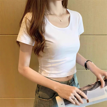 Ženski crni crop top s kratkim rukavima i okruglim izrezom, uski kroj, visok struk, otkriva trbuh, korejski stil, ljetni jednobojni top