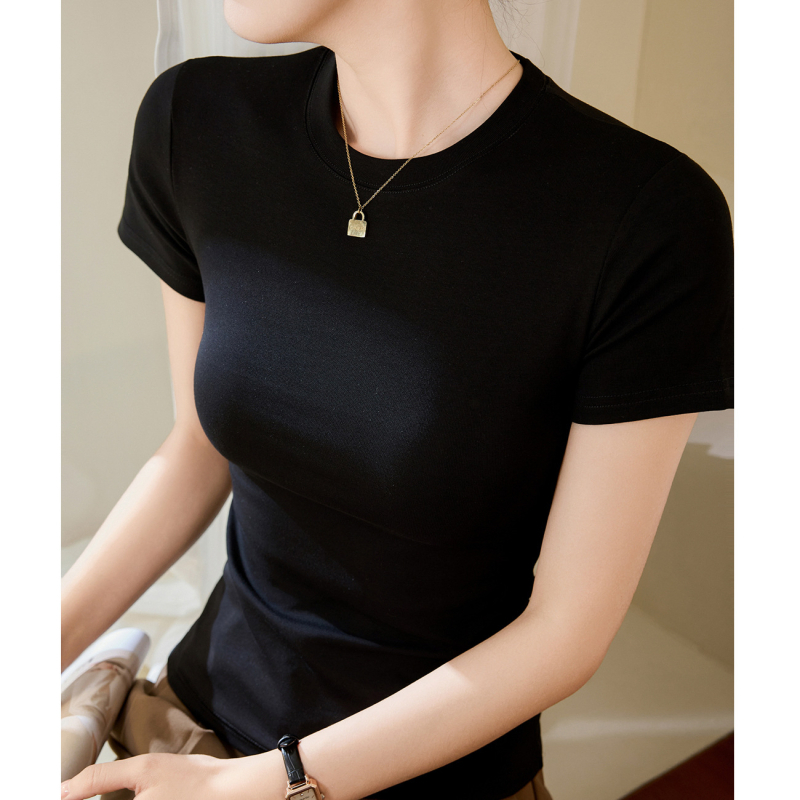 Ženski pamuk T‑shirt s kratkim rukavima, uska silueta, jednobojna boja, minimalistički stil