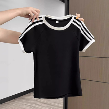 Tricou de damă cu dungi alb-negre și bloc de culoare, mâneci scurte, guler rotund, croială Slim, top de vară