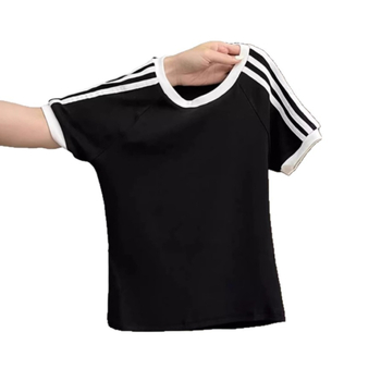 Tricou de damă cu dungi alb-negre și bloc de culoare, mâneci scurte, guler rotund, croială Slim, top de vară