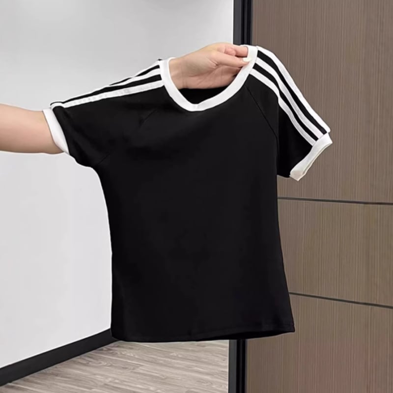 Tricou de damă cu dungi alb-negre și bloc de culoare, mâneci scurte, guler rotund, croială Slim, top de vară