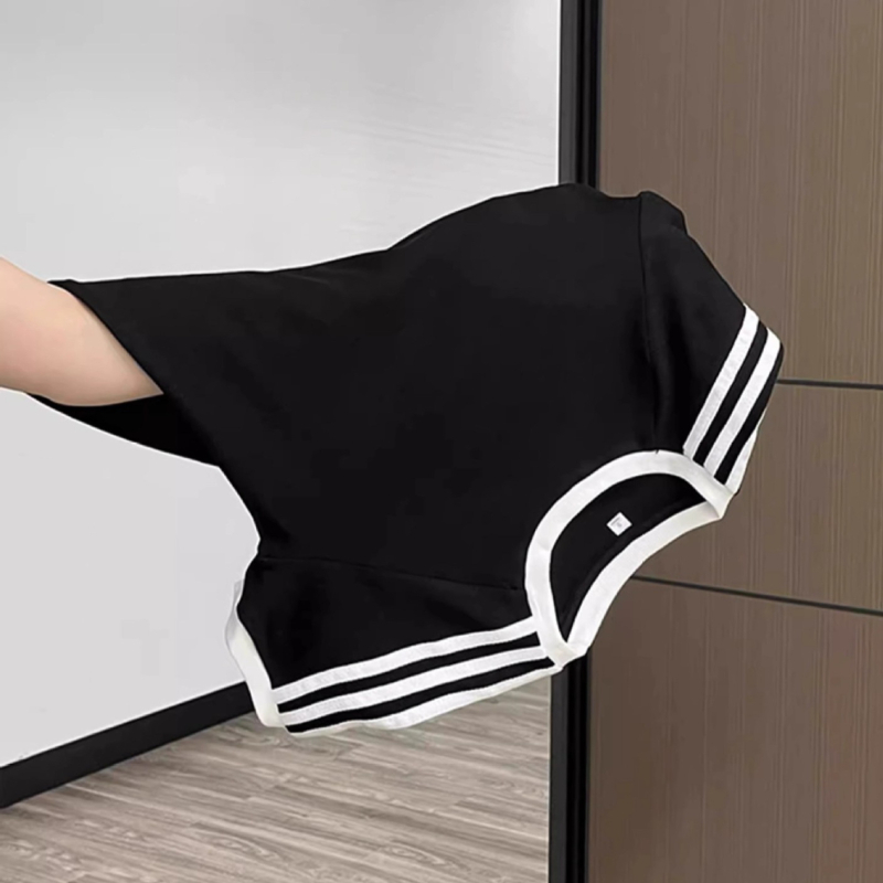 Tricou de damă cu dungi alb-negre și bloc de culoare, mâneci scurte, guler rotund, croială Slim, top de vară
