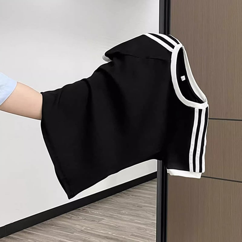 Tricou de damă cu dungi alb-negre și bloc de culoare, mâneci scurte, guler rotund, croială Slim, top de vară
