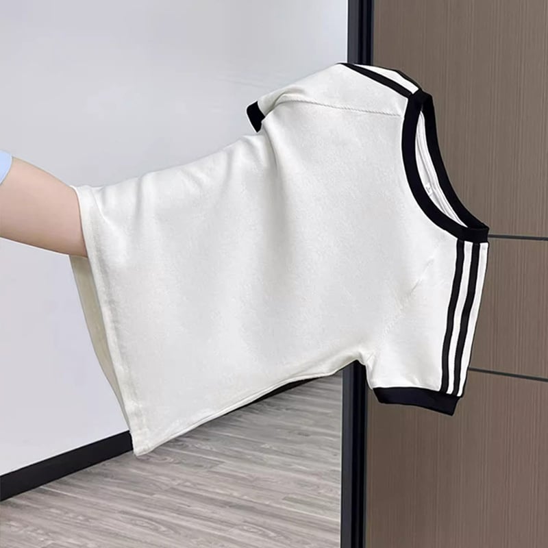 Tricou de damă cu dungi alb-negre și bloc de culoare, mâneci scurte, guler rotund, croială Slim, top de vară