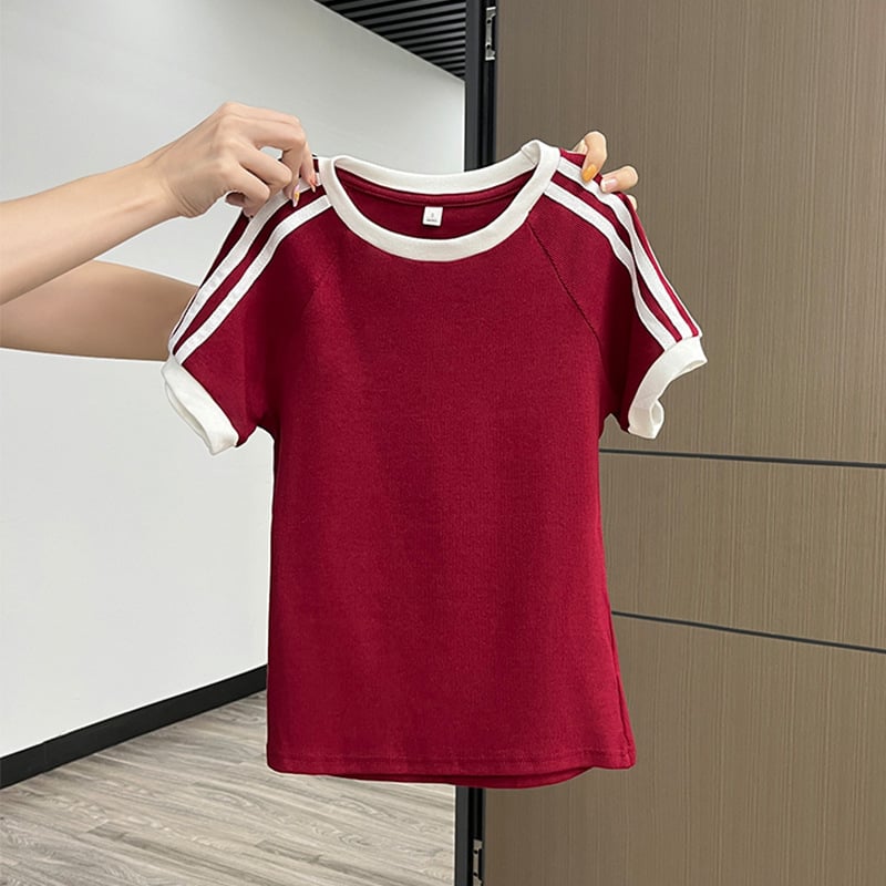 Tricou de damă cu dungi alb-negre și bloc de culoare, mâneci scurte, guler rotund, croială Slim, top de vară