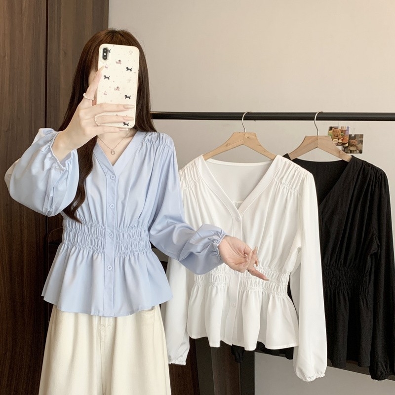 Plus-size ženska košulja s plisiranjem i V-izrezom, jednobojna, naglašava struk, dugi rukav, jesen 2025