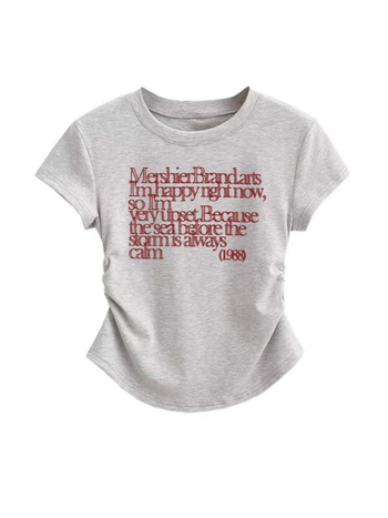 Pamukasto T‑shirt s kratkim rukavima i okruglim izrezom, natpisom s slovima, uski kroj s naborom u struku, svestran ženski top u američkom retro stilu