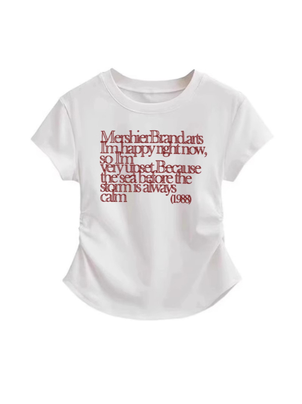 Pamukasto T‑shirt s kratkim rukavima i okruglim izrezom, natpisom s slovima, uski kroj s naborom u struku, svestran ženski top u američkom retro stilu