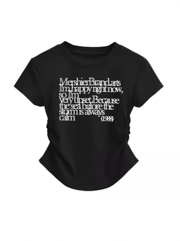 Pamukasto T‑shirt s kratkim rukavima i okruglim izrezom, natpisom s slovima, uski kroj s naborom u struku, svestran ženski top u američkom retro stilu