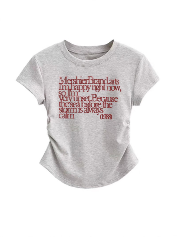 Pamukasto T‑shirt s kratkim rukavima i okruglim izrezom, natpisom s slovima, uski kroj s naborom u struku, svestran ženski top u američkom retro stilu