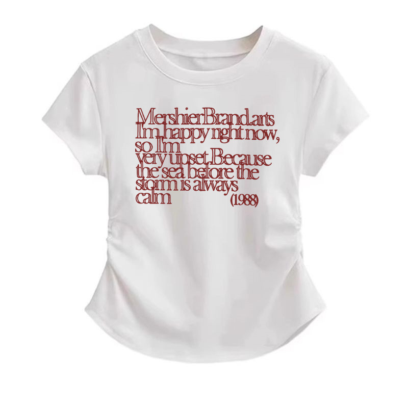 Pamukasto T‑shirt s kratkim rukavima i okruglim izrezom, natpisom s slovima, uski kroj s naborom u struku, svestran ženski top u američkom retro stilu