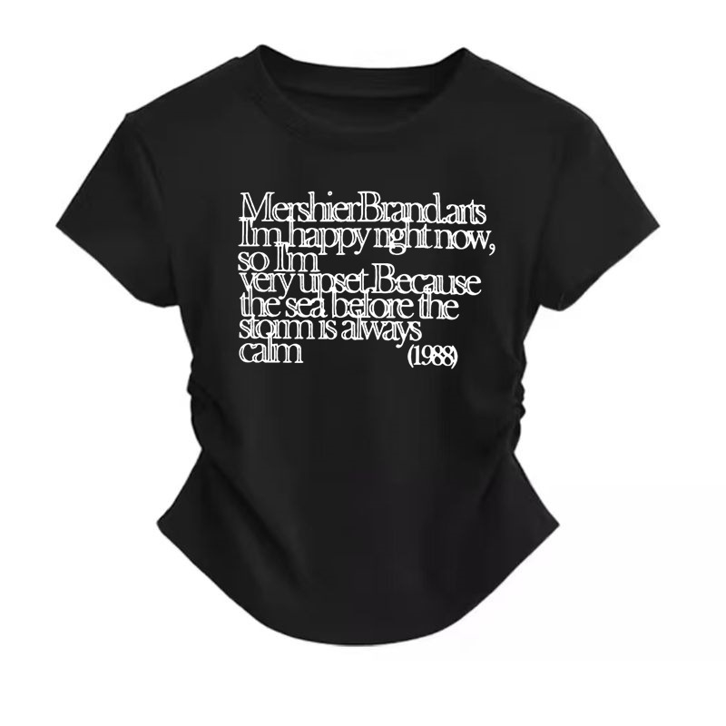 Pamukasto T‑shirt s kratkim rukavima i okruglim izrezom, natpisom s slovima, uski kroj s naborom u struku, svestran ženski top u američkom retro stilu