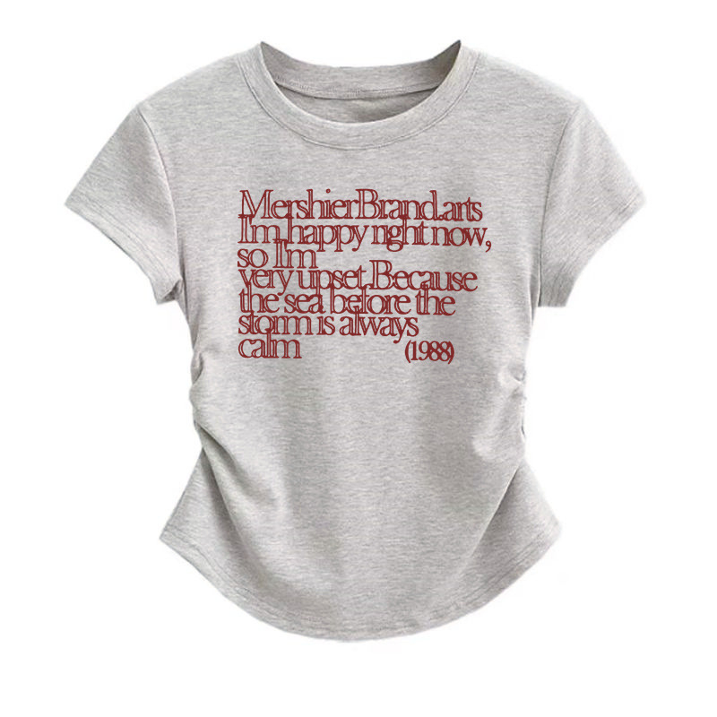 Pamukasto T‑shirt s kratkim rukavima i okruglim izrezom, natpisom s slovima, uski kroj s naborom u struku, svestran ženski top u američkom retro stilu