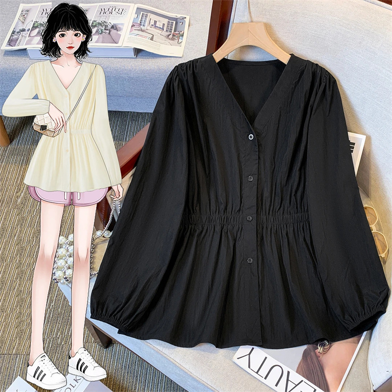 Francuski stil, proljetna bluza za žene, plus veličina, V-izrez, dugi rukavi, naglašeni struk, skriva trbuh, mladenački dojam