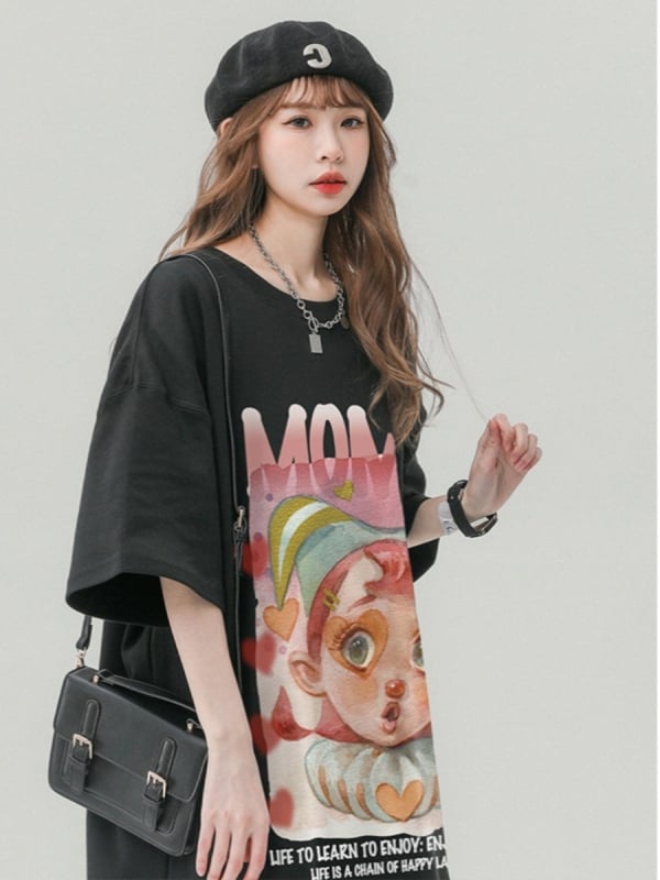 Ženska pamuk T-shirt kratkih rukava, ekstra velika veličina, široki oversize kroj, anime uzorak, Harajuku stil – majice za parove