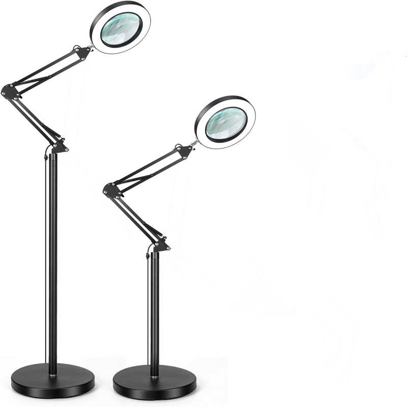 LED торшер с увеличително стъкло, американски стил, за красота, маникюр и микроблейдинг — студена светлина, регулируема височина 50–180 cm, обхват 5–10 m²