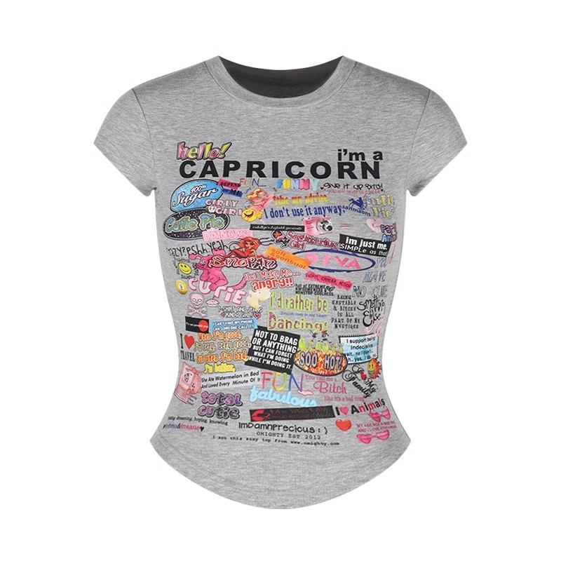 Ženski T-shirt s karikativnim otiskom — uski kroj, kratka dužina, okrugli izrez