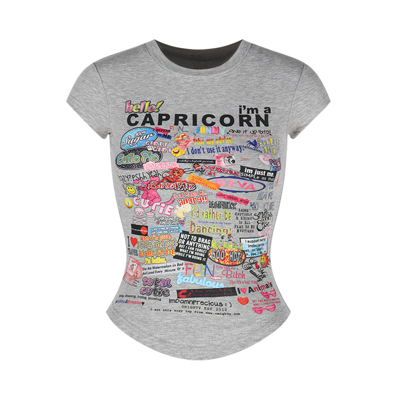 Ženski T-shirt s karikativnim otiskom — uski kroj, kratka dužina, okrugli izrez