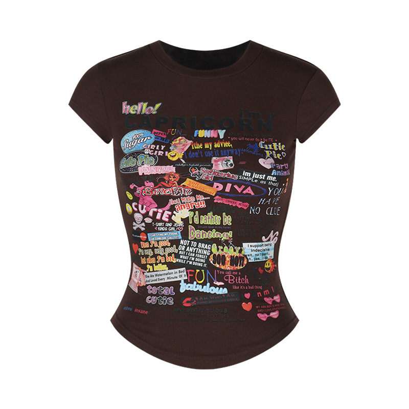 Ženski T-shirt s karikativnim otiskom — uski kroj, kratka dužina, okrugli izrez
