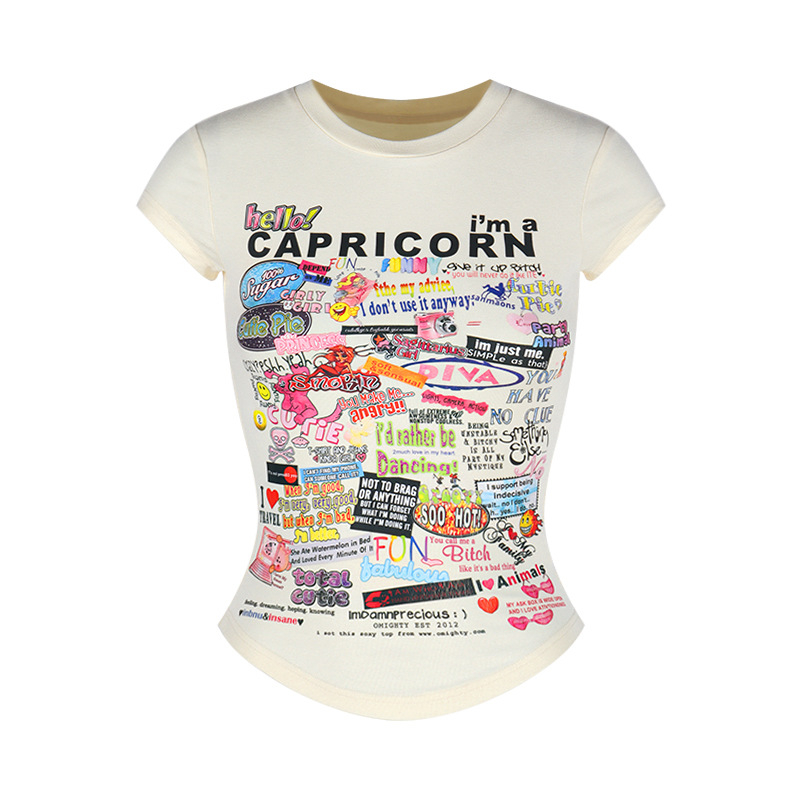 Ženski T-shirt s karikativnim otiskom — uski kroj, kratka dužina, okrugli izrez
