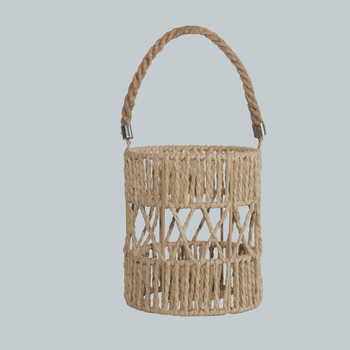 Abazur od papirnoga užeta, ručno pleten, svijećnjak, boemski stil rasvjete, metalni okvir, u boji drveta, dimenzije 14,5 × 14,5 × 17 cm