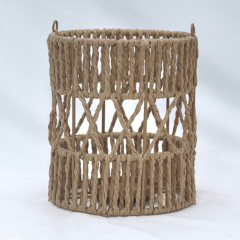 Abazur od papirnoga užeta, ručno pleten, svijećnjak, boemski stil rasvjete, metalni okvir, u boji drveta, dimenzije 14,5 × 14,5 × 17 cm