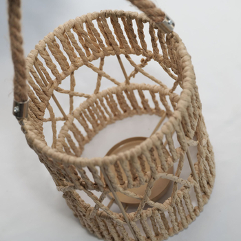 Abazur od papirnoga užeta, ručno pleten, svijećnjak, boemski stil rasvjete, metalni okvir, u boji drveta, dimenzije 14,5 × 14,5 × 17 cm