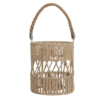 Abazur od papirnoga užeta, ručno pleten, svijećnjak, boemski stil rasvjete, metalni okvir, u boji drveta, dimenzije 14,5 × 14,5 × 17 cm
