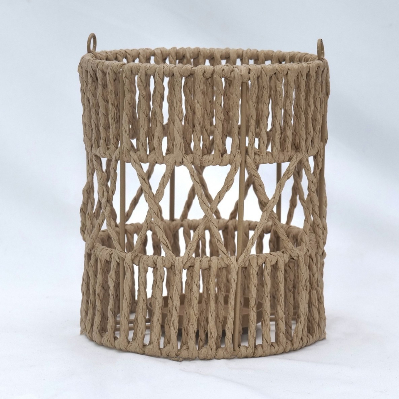 Abazur od papirnoga užeta, ručno pleten, svijećnjak, boemski stil rasvjete, metalni okvir, u boji drveta, dimenzije 14,5 × 14,5 × 17 cm