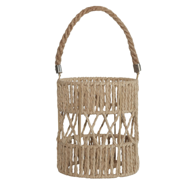 Abazur od papirnoga užeta, ručno pleten, svijećnjak, boemski stil rasvjete, metalni okvir, u boji drveta, dimenzije 14,5 × 14,5 × 17 cm