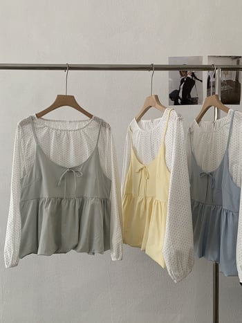 Ženski cvjetni camisole, složen uz košulom s dugim rukavima i točkicama, dvodijelni komplet, šifra 6404