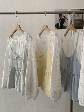 Ženski cvjetni camisole, složen uz košulom s dugim rukavima i točkicama, dvodijelni komplet, šifra 6404