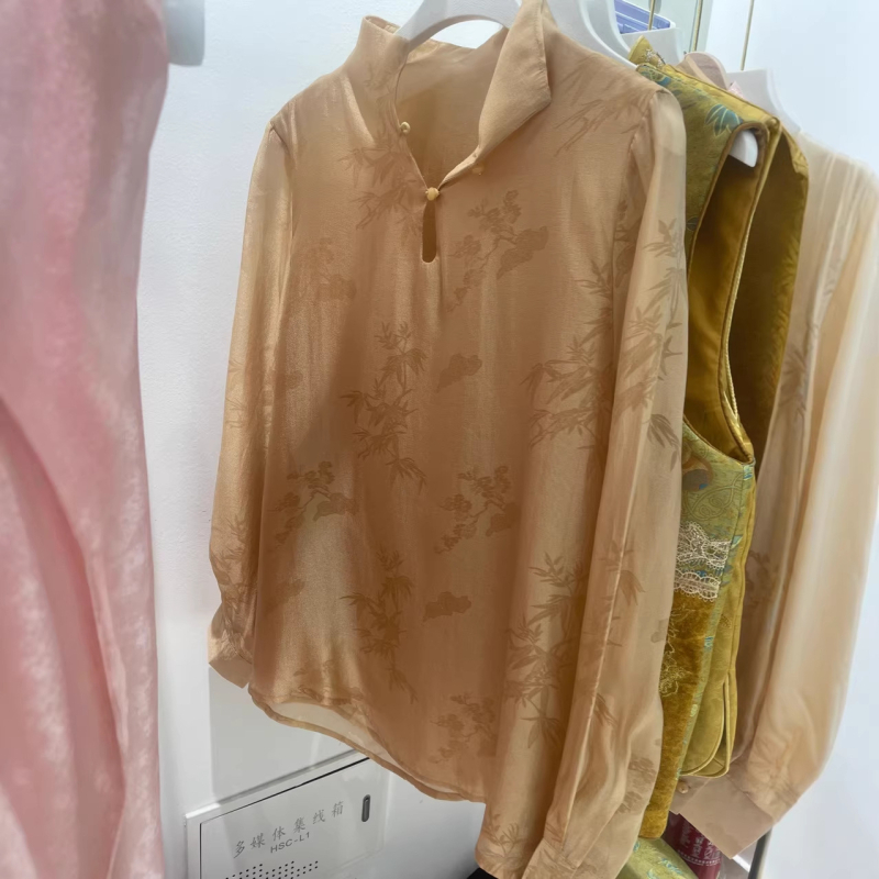 Bluza od rayon žakarda sa stojećim ovratnikom, ženska, retro cvjetni uzorak, dugi rukav, slobodan kroj