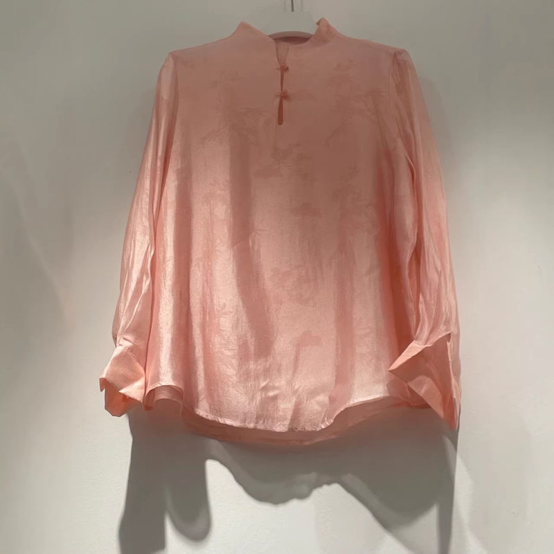 Bluza od rayon žakarda sa stojećim ovratnikom, ženska, retro cvjetni uzorak, dugi rukav, slobodan kroj
