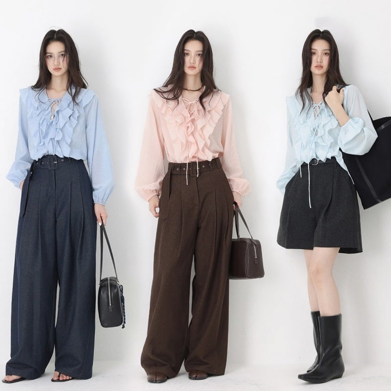 Chachastu ružna saten bluza s volanima, V-izrez, dugi rukavi, francuski stil za ranu jesen