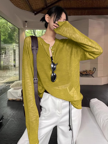 Žuta Tencel bluza s dugim rukavima za žene, Henley ovratnik, jesenski opušteni stil, lagano prozirna, zaštita od sunca