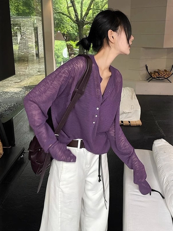 Žuta Tencel bluza s dugim rukavima za žene, Henley ovratnik, jesenski opušteni stil, lagano prozirna, zaštita od sunca