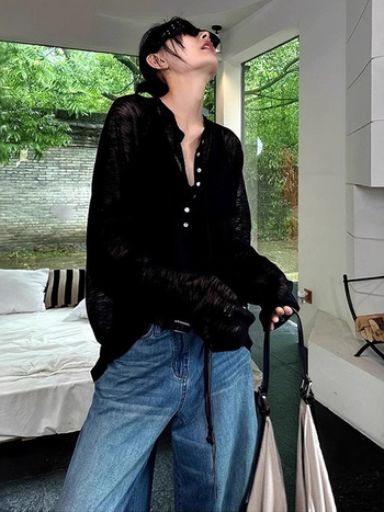 Žuta Tencel bluza s dugim rukavima za žene, Henley ovratnik, jesenski opušteni stil, lagano prozirna, zaštita od sunca