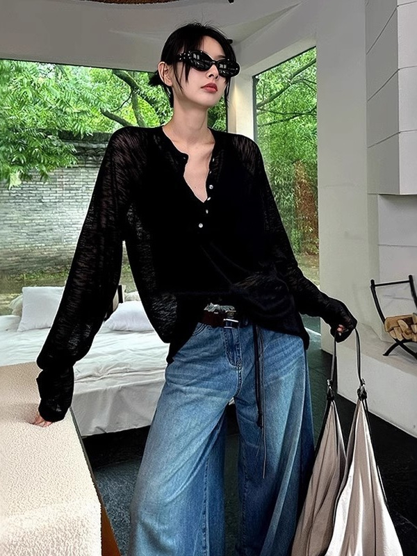 Žuta Tencel bluza s dugim rukavima za žene, Henley ovratnik, jesenski opušteni stil, lagano prozirna, zaštita od sunca