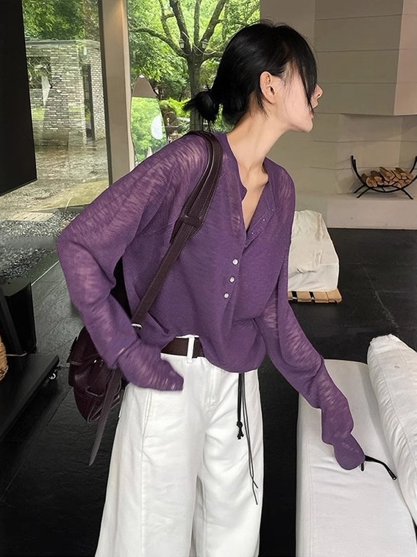 Žuta Tencel bluza s dugim rukavima za žene, Henley ovratnik, jesenski opušteni stil, lagano prozirna, zaštita od sunca