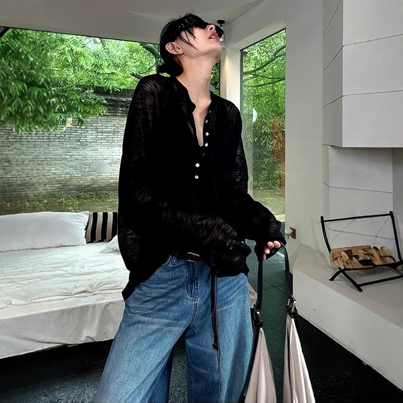 Žuta Tencel bluza s dugim rukavima za žene, Henley ovratnik, jesenski opušteni stil, lagano prozirna, zaštita od sunca