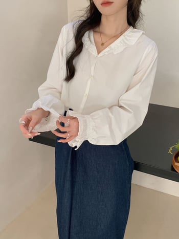 Korejski stil proljeća: ženska bluza s volanima, V izrez, labav kroj, dugi rukavi, casual osvježavajući top