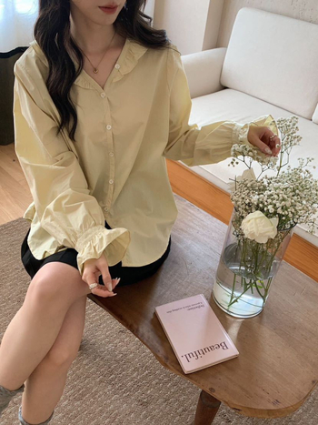 Korejski stil proljeća: ženska bluza s volanima, V izrez, labav kroj, dugi rukavi, casual osvježavajući top